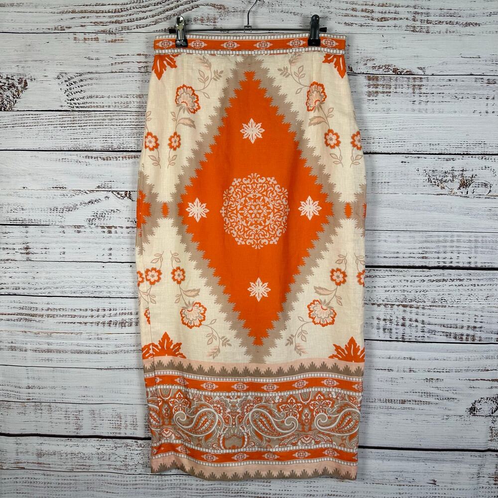 Antonio Melani Orange Cream Boho A Line Linen Pencil Skirt Midi FLAW Womens Sz 4